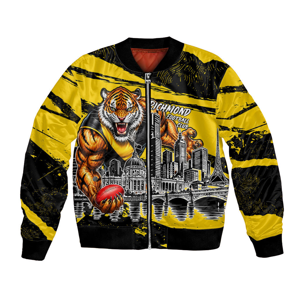 Personalised Richmond Tigers Football Bomber Jacket Melbourne City Skyline Graphic Fierce Mascot Art