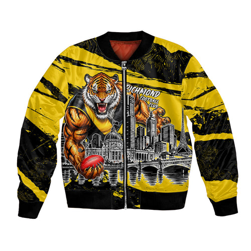 Personalised Richmond Tigers Football Bomber Jacket Melbourne City Skyline Graphic Fierce Mascot Art