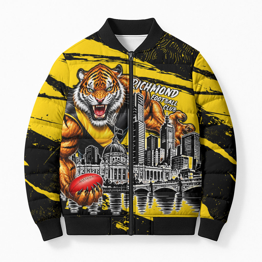 Personalised Richmond Tigers Football Bomber Puffer Jacket Melbourne City Skyline Graphic Fierce Mascot Art