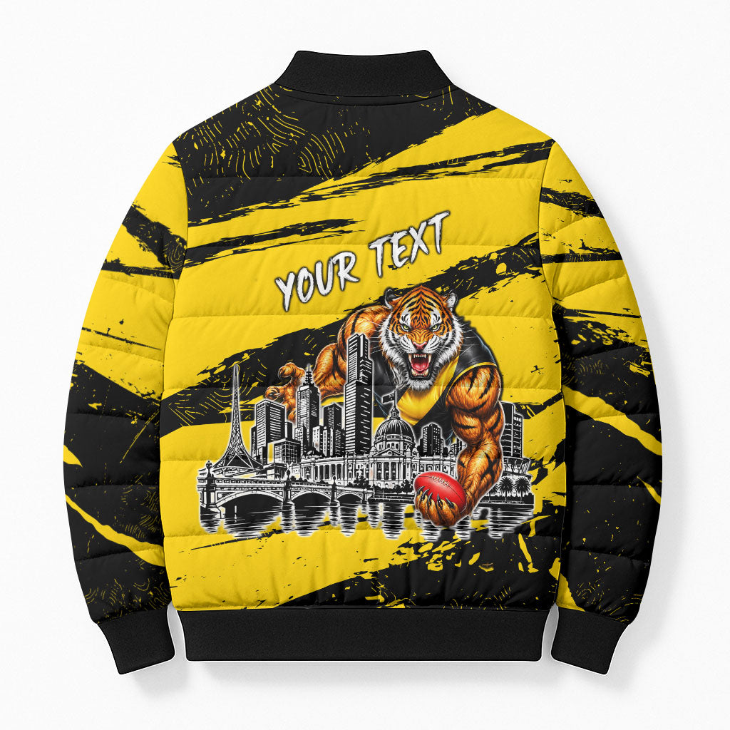 Personalised Richmond Tigers Football Bomber Puffer Jacket Melbourne City Skyline Graphic Fierce Mascot Art