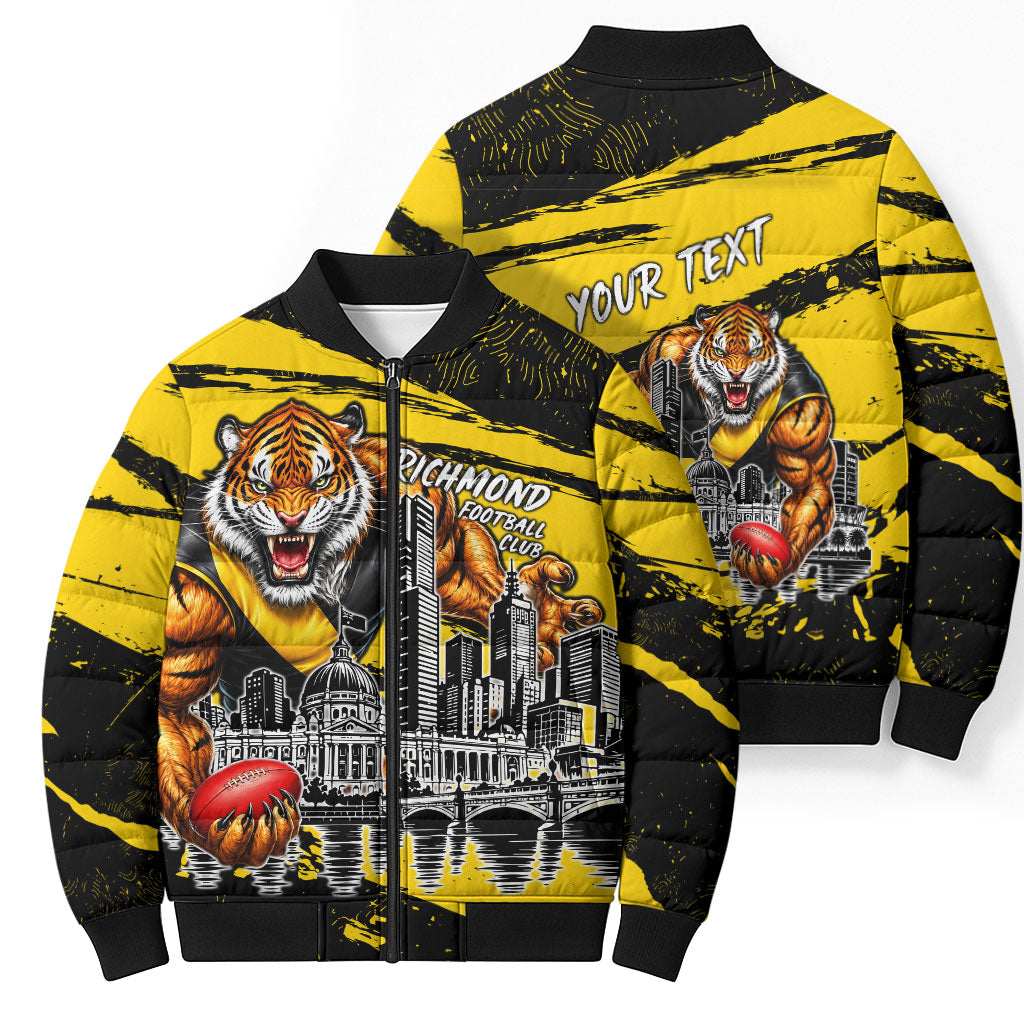 Personalised Richmond Tigers Football Bomber Puffer Jacket Melbourne City Skyline Graphic Fierce Mascot Art