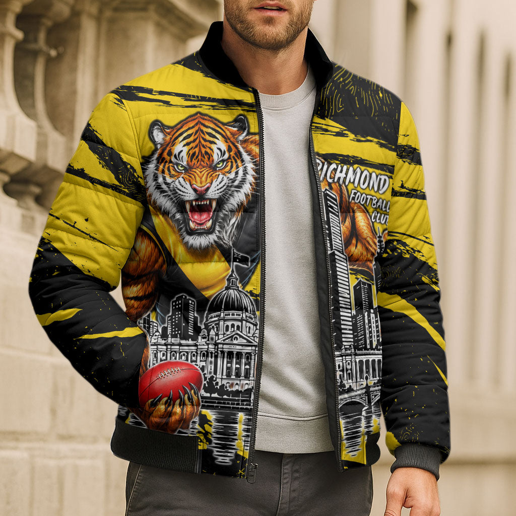 Personalised Richmond Tigers Football Bomber Puffer Jacket Melbourne City Skyline Graphic Fierce Mascot Art