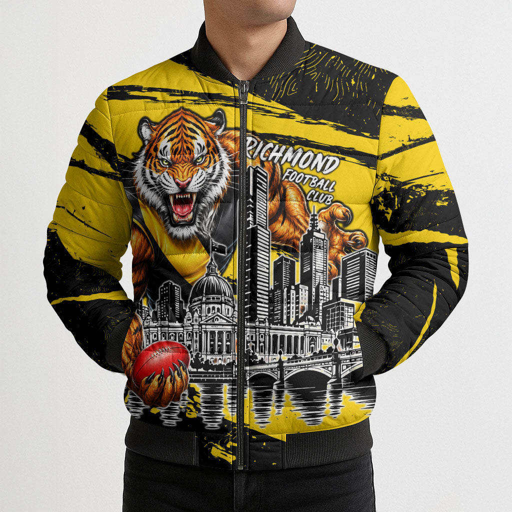 Personalised Richmond Tigers Football Bomber Puffer Jacket Melbourne City Skyline Graphic Fierce Mascot Art