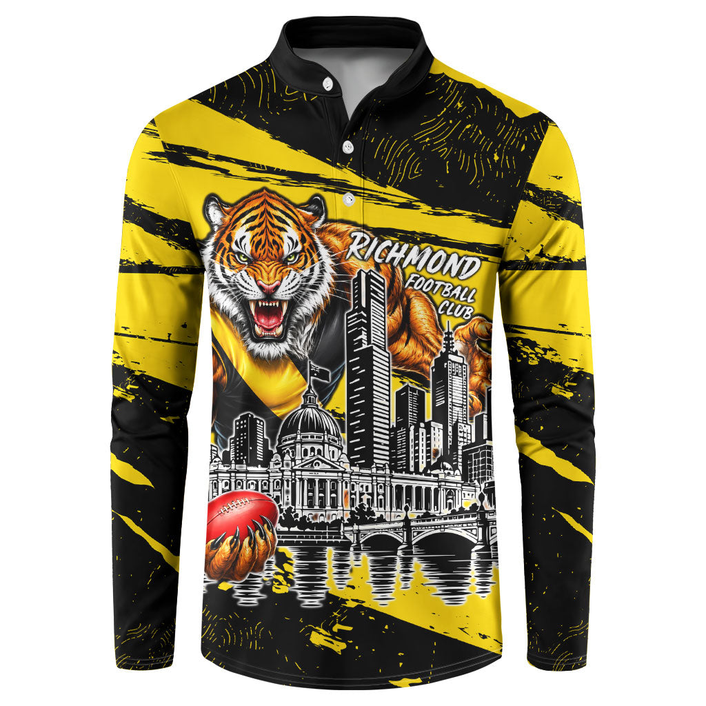 Personalised Richmond Tigers Football Button Sweatshirt Melbourne City Skyline Graphic Fierce Mascot Art