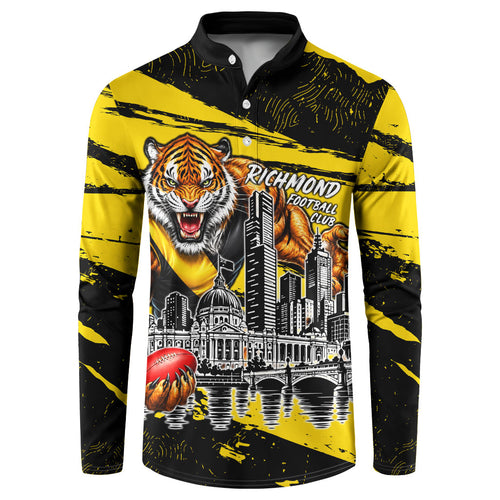 Personalised Richmond Tigers Football Button Sweatshirt Melbourne City Skyline Graphic Fierce Mascot Art