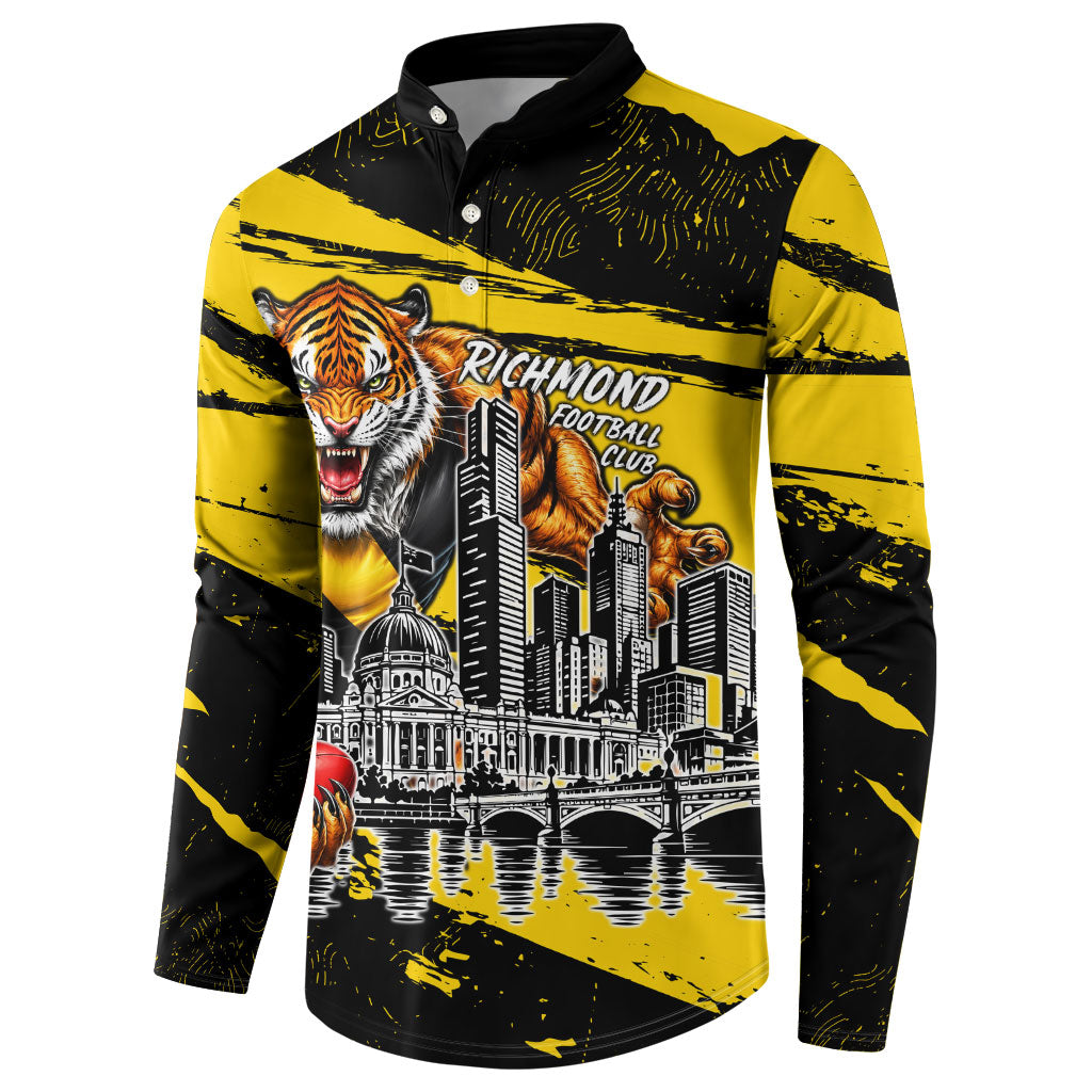 Personalised Richmond Tigers Football Button Sweatshirt Melbourne City Skyline Graphic Fierce Mascot Art