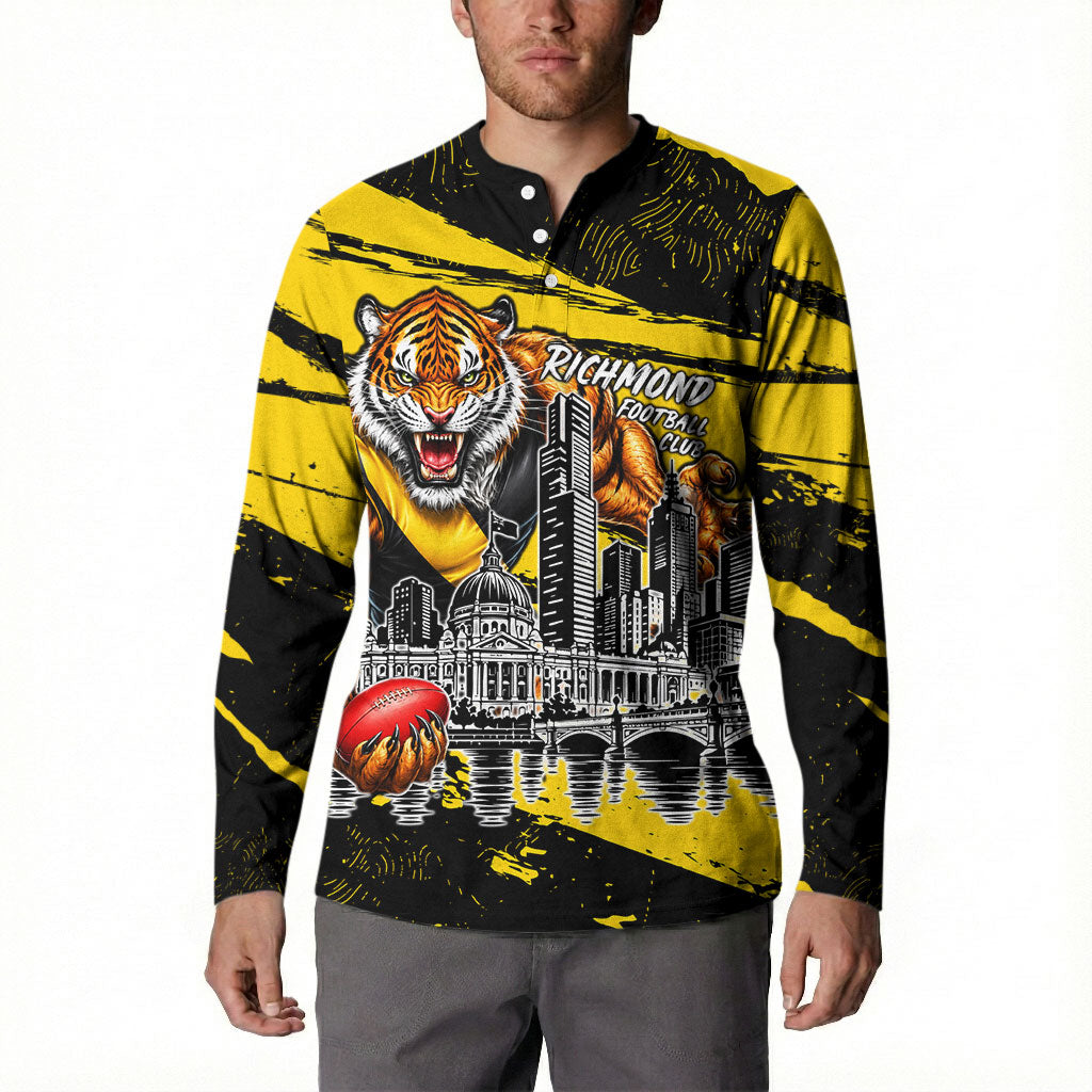 Personalised Richmond Tigers Football Button Sweatshirt Melbourne City Skyline Graphic Fierce Mascot Art