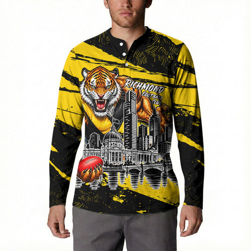 Personalised Richmond Tigers Football Button Sweatshirt Melbourne City Skyline Graphic Fierce Mascot Art