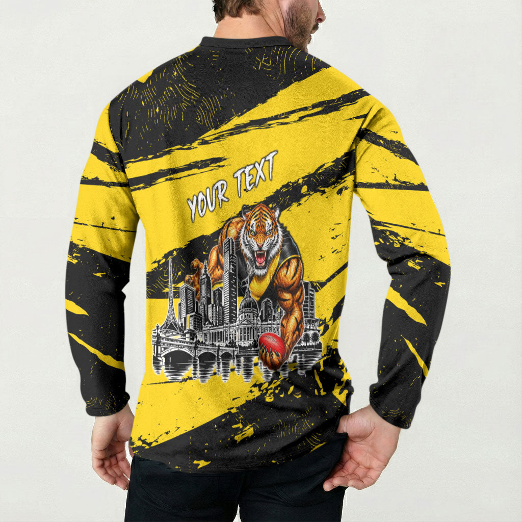 Personalised Richmond Tigers Football Button Sweatshirt Melbourne City Skyline Graphic Fierce Mascot Art