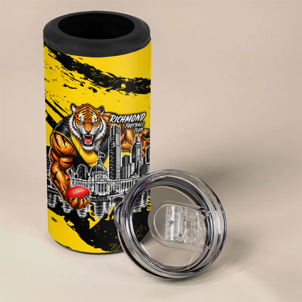 Personalised Richmond Tigers Football 4 in 1 Can Cooler Tumbler Melbourne City Skyline Graphic Fierce Mascot Art