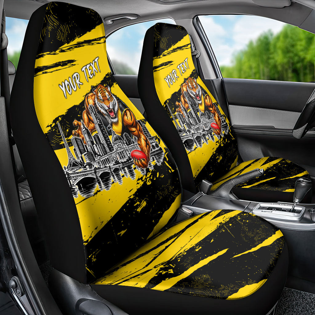 Personalised Richmond Tigers Football Car Seat Cover Melbourne City Skyline Graphic Fierce Mascot Art