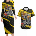 Personalised Richmond Tigers Football Couples Matching Long Sleeve Bodycon Dress and Hawaiian Shirt Melbourne City Skyline Graphic Fierce Mascot Art