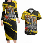 Personalised Richmond Tigers Football Couples Matching Long Sleeve Bodycon Dress and Hawaiian Shirt Melbourne City Skyline Graphic Fierce Mascot Art