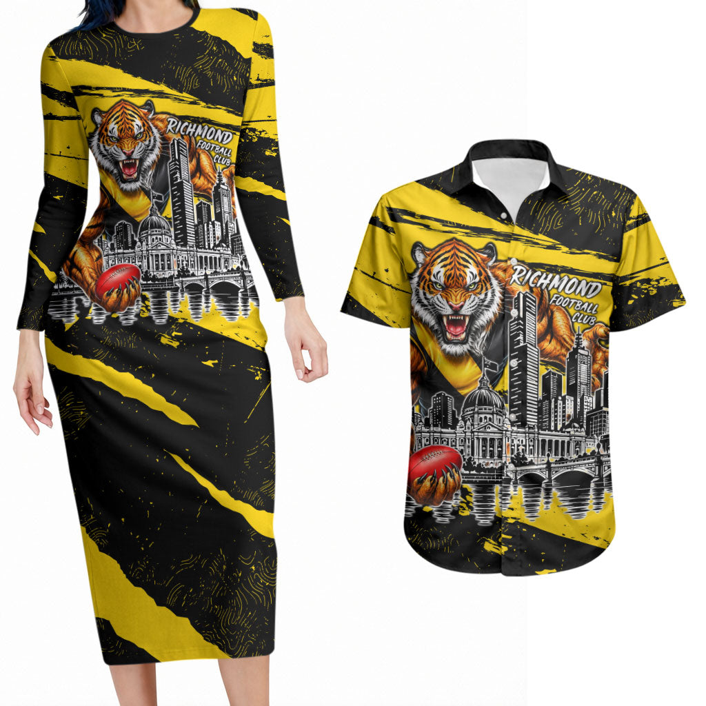 Personalised Richmond Tigers Football Couples Matching Long Sleeve Bodycon Dress and Hawaiian Shirt Melbourne City Skyline Graphic Fierce Mascot Art