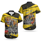 Personalised Richmond Tigers Football Couples Matching Long Sleeve Bodycon Dress and Hawaiian Shirt Melbourne City Skyline Graphic Fierce Mascot Art