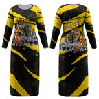 Personalised Richmond Tigers Football Couples Matching Long Sleeve Bodycon Dress and Hawaiian Shirt Melbourne City Skyline Graphic Fierce Mascot Art