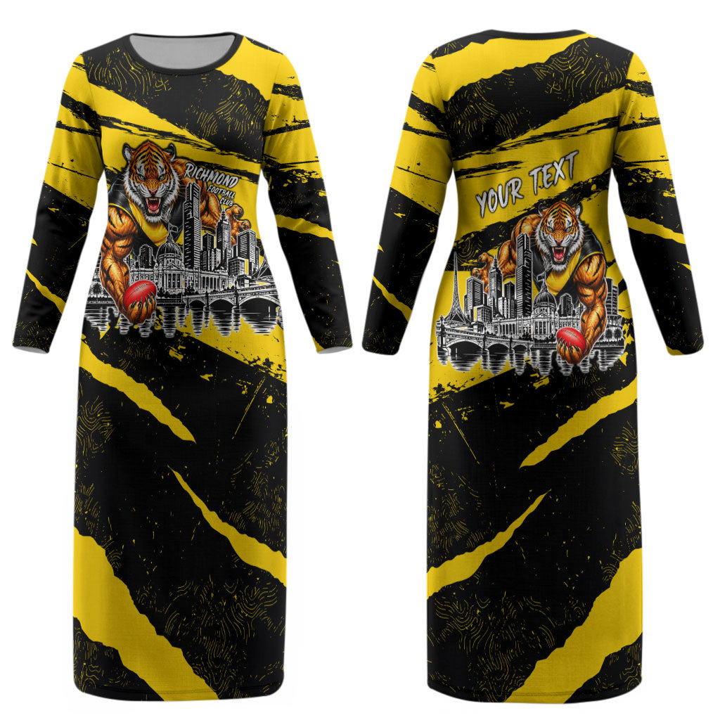 Personalised Richmond Tigers Football Couples Matching Long Sleeve Bodycon Dress and Hawaiian Shirt Melbourne City Skyline Graphic Fierce Mascot Art
