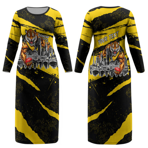 Personalised Richmond Tigers Football Couples Matching Long Sleeve Bodycon Dress and Hawaiian Shirt Melbourne City Skyline Graphic Fierce Mascot Art