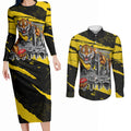 Personalised Richmond Tigers Football Couples Matching Long Sleeve Bodycon Dress and Long Sleeve Button Shirt Melbourne City Skyline Graphic Fierce Mascot Art