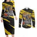 Personalised Richmond Tigers Football Couples Matching Long Sleeve Bodycon Dress and Long Sleeve Button Shirt Melbourne City Skyline Graphic Fierce Mascot Art