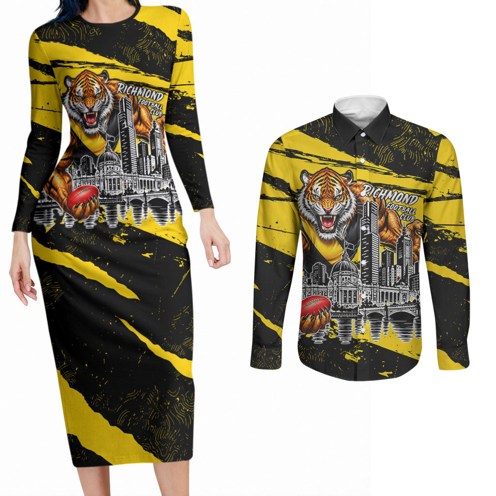 Personalised Richmond Tigers Football Couples Matching Long Sleeve Bodycon Dress and Long Sleeve Button Shirt Melbourne City Skyline Graphic Fierce Mascot Art