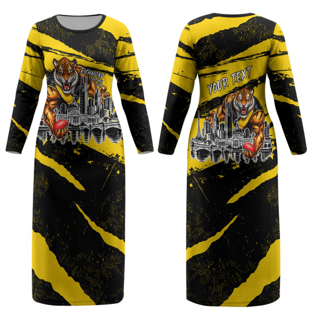 Personalised Richmond Tigers Football Couples Matching Long Sleeve Bodycon Dress and Long Sleeve Button Shirt Melbourne City Skyline Graphic Fierce Mascot Art