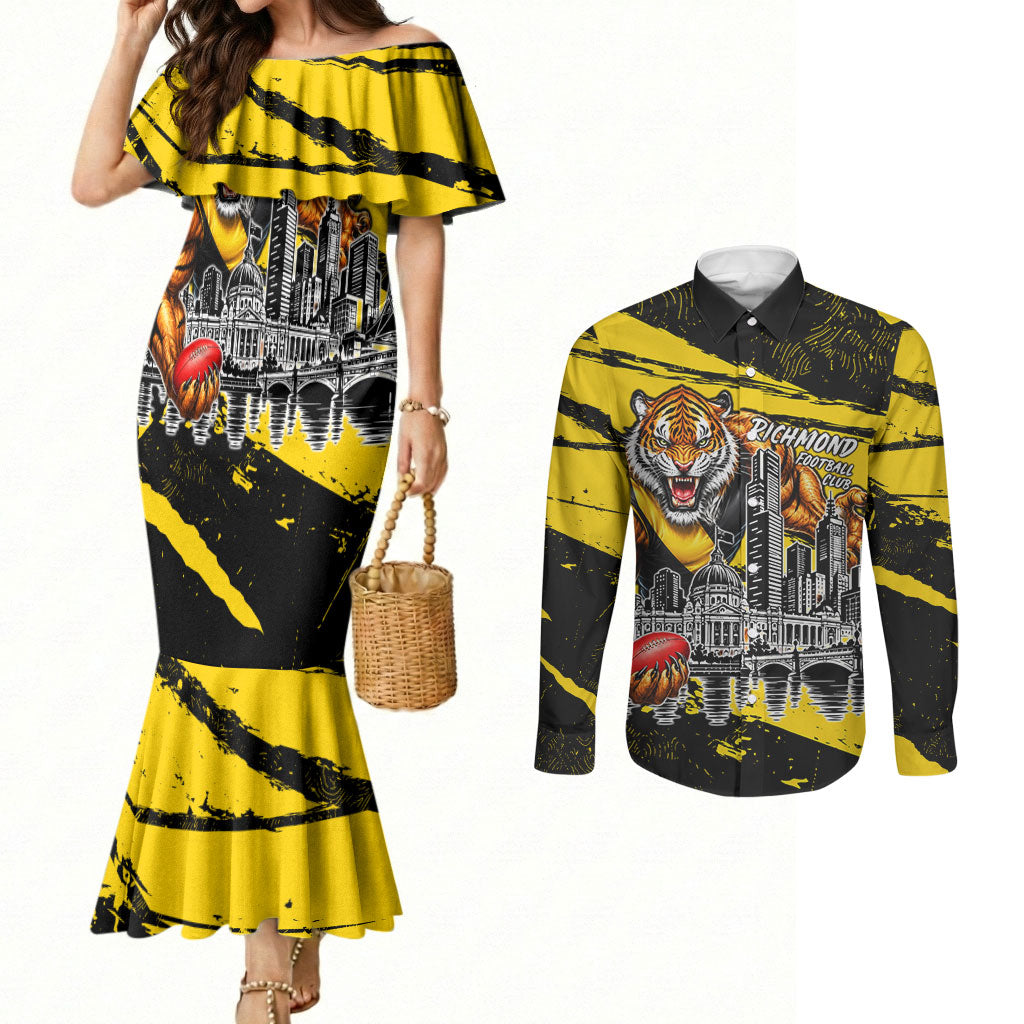 Personalised Richmond Tigers Football Couples Matching Mermaid Dress and Long Sleeve Button Shirt Melbourne City Skyline Graphic Fierce Mascot Art