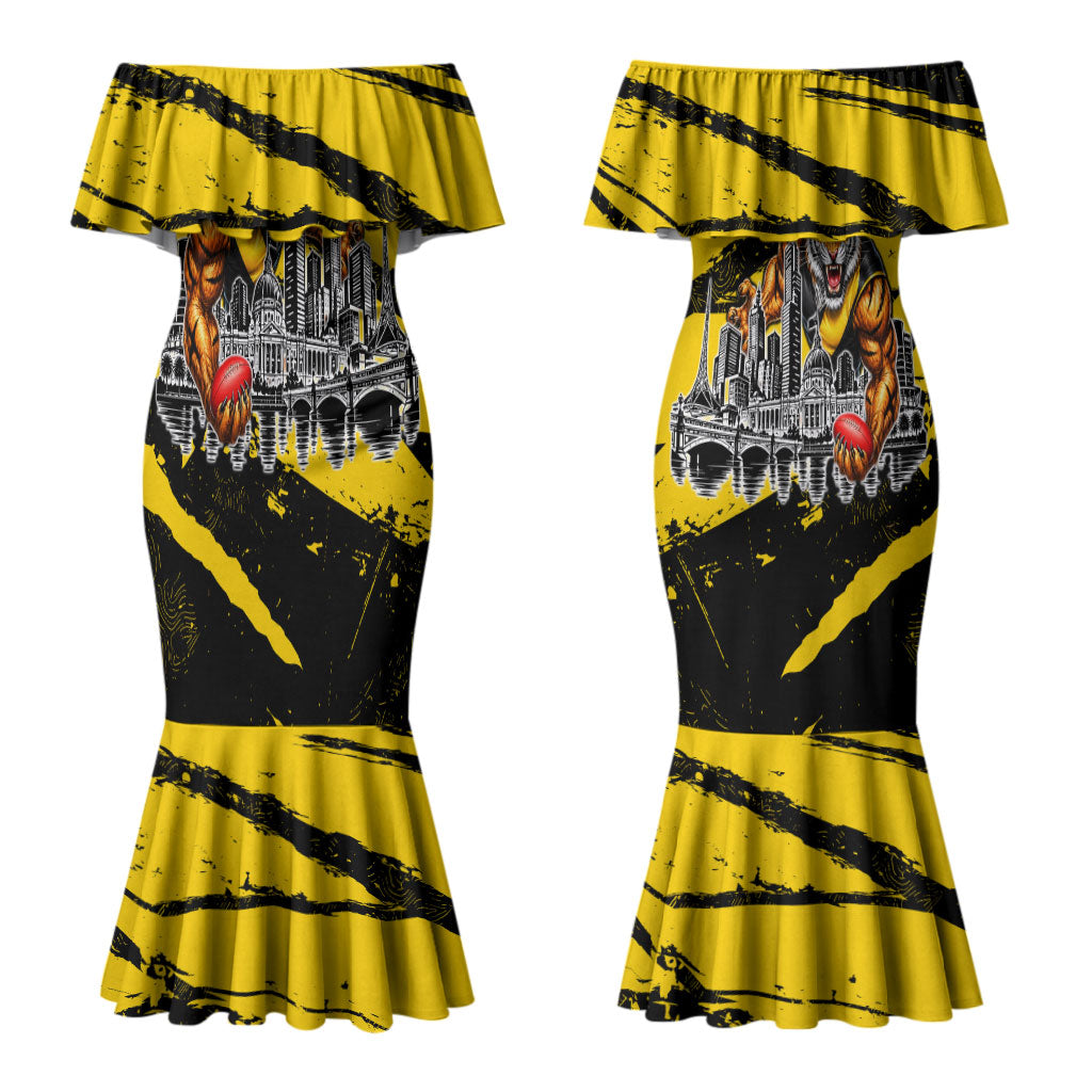 Personalised Richmond Tigers Football Couples Matching Mermaid Dress and Long Sleeve Button Shirt Melbourne City Skyline Graphic Fierce Mascot Art