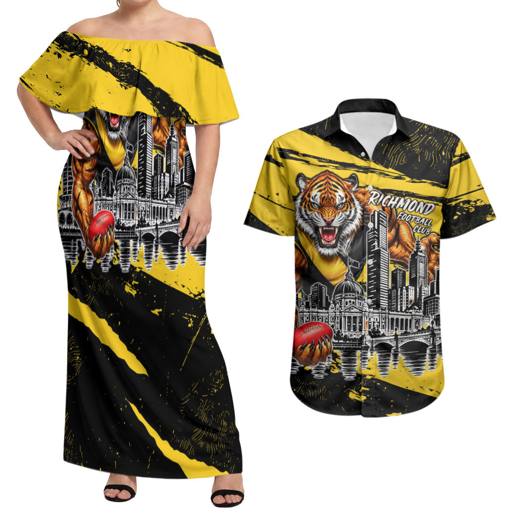 Personalised Richmond Tigers Football Couples Matching Off Shoulder Maxi Dress and Hawaiian Shirt Melbourne City Skyline Graphic Fierce Mascot Art