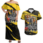 Personalised Richmond Tigers Football Couples Matching Off Shoulder Maxi Dress and Hawaiian Shirt Melbourne City Skyline Graphic Fierce Mascot Art