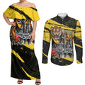 Personalised Richmond Tigers Football Couples Matching Off Shoulder Maxi Dress and Long Sleeve Button Shirt Melbourne City Skyline Graphic Fierce Mascot Art