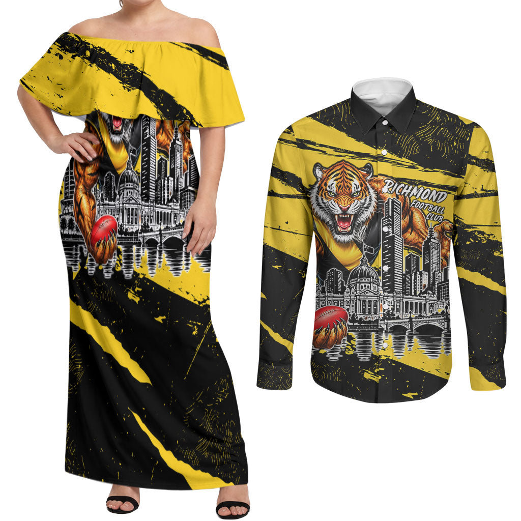 Personalised Richmond Tigers Football Couples Matching Off Shoulder Maxi Dress and Long Sleeve Button Shirt Melbourne City Skyline Graphic Fierce Mascot Art