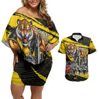 Personalised Richmond Tigers Football Couples Matching Off Shoulder Short Dress and Hawaiian Shirt Melbourne City Skyline Graphic Fierce Mascot Art