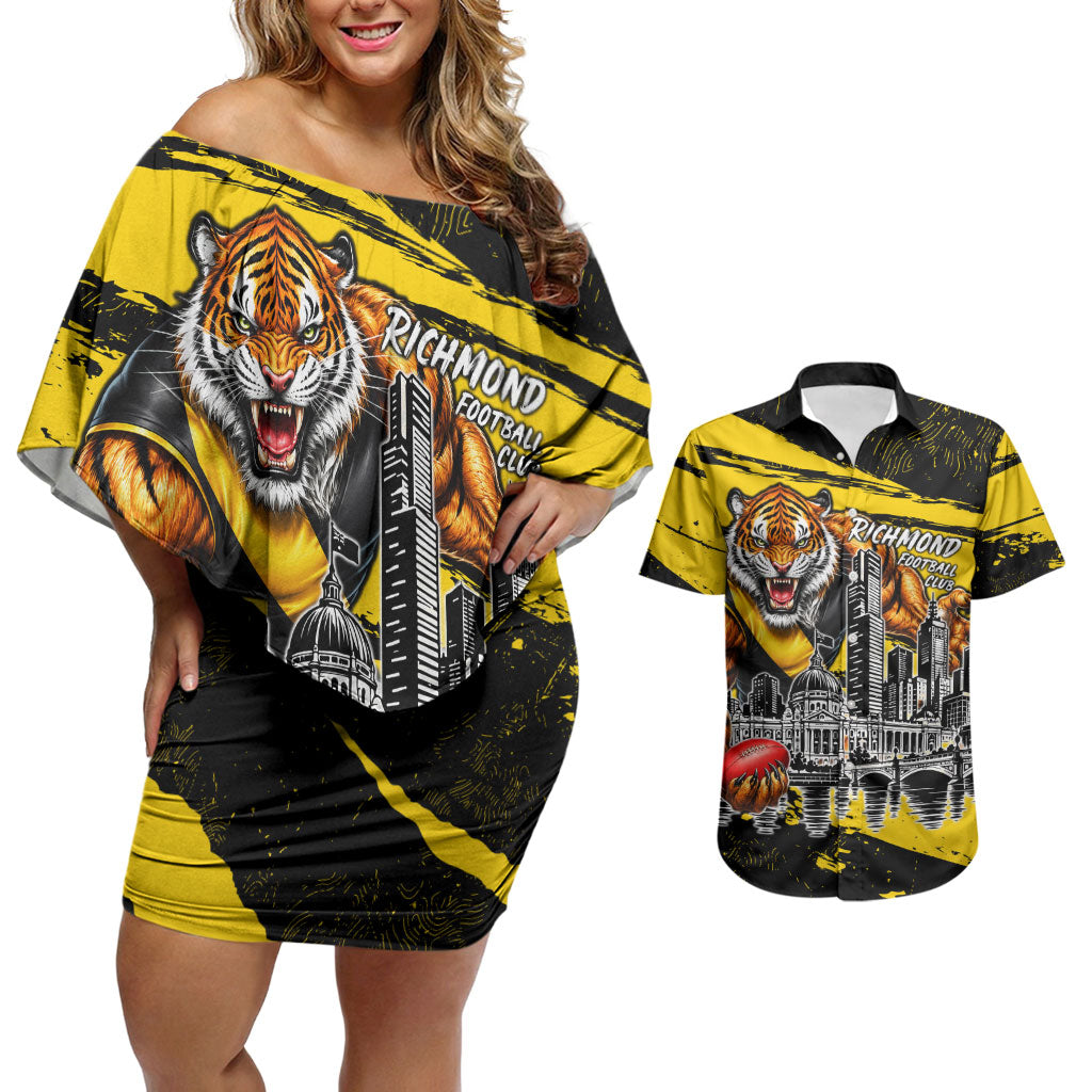 Personalised Richmond Tigers Football Couples Matching Off Shoulder Short Dress and Hawaiian Shirt Melbourne City Skyline Graphic Fierce Mascot Art