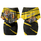 Personalised Richmond Tigers Football Couples Matching Off Shoulder Short Dress and Hawaiian Shirt Melbourne City Skyline Graphic Fierce Mascot Art