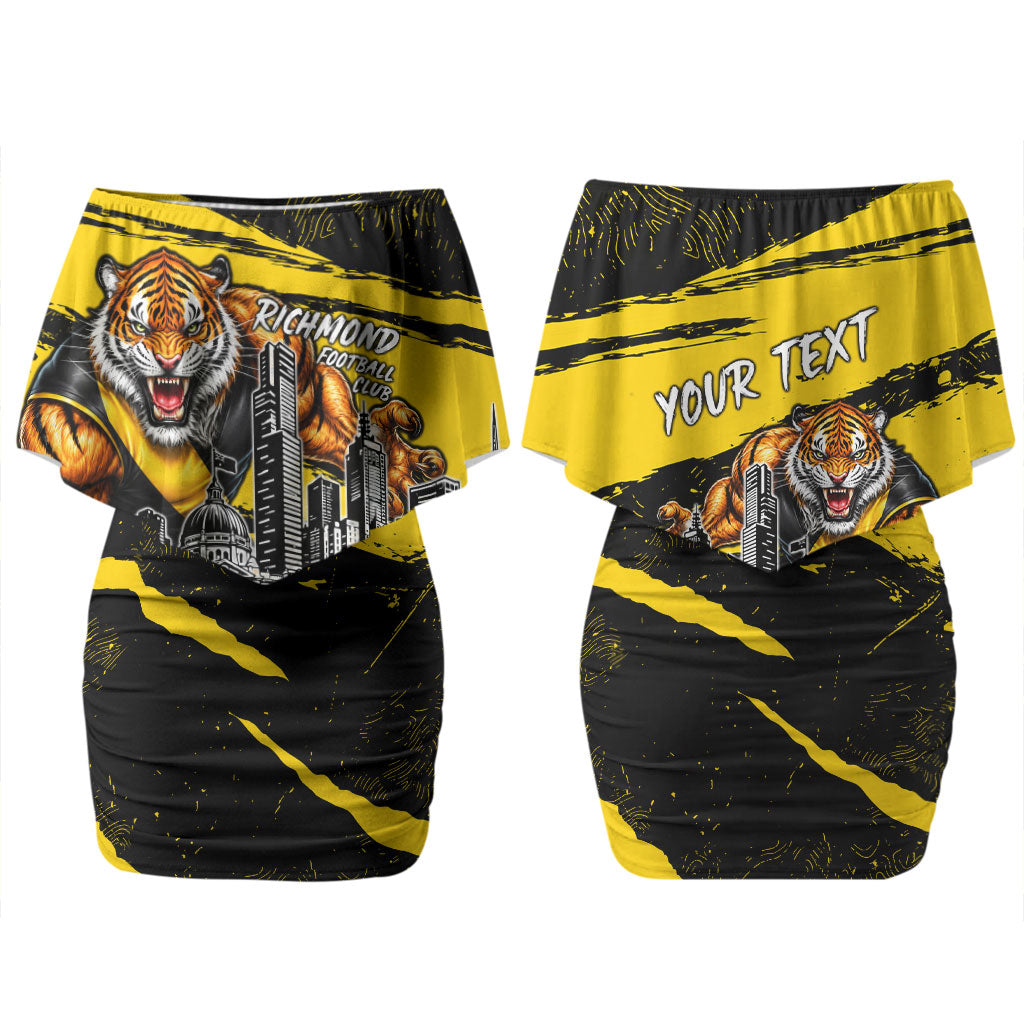 Personalised Richmond Tigers Football Couples Matching Off Shoulder Short Dress and Hawaiian Shirt Melbourne City Skyline Graphic Fierce Mascot Art