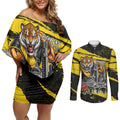 Personalised Richmond Tigers Football Couples Matching Off Shoulder Short Dress and Long Sleeve Button Shirt Melbourne City Skyline Graphic Fierce Mascot Art