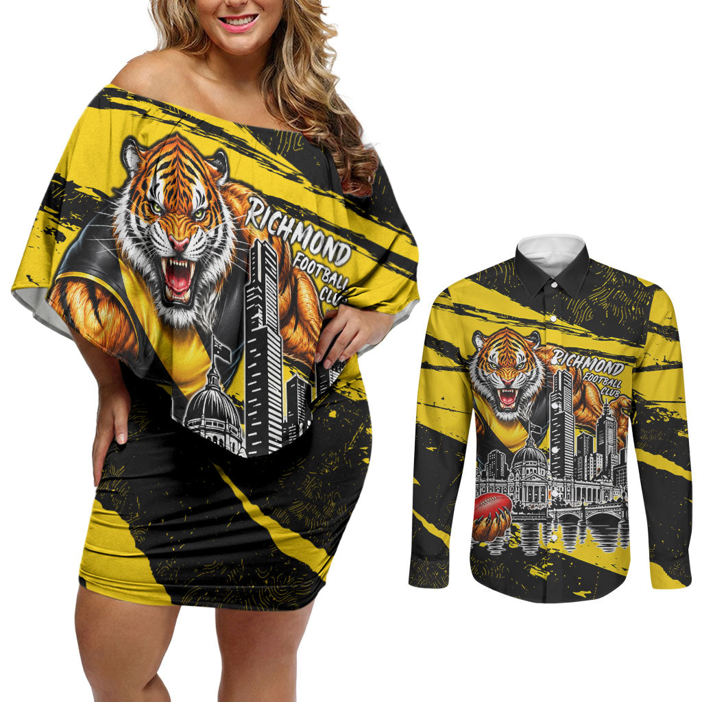 Personalised Richmond Tigers Football Couples Matching Off Shoulder Short Dress and Long Sleeve Button Shirt Melbourne City Skyline Graphic Fierce Mascot Art