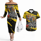 Personalised Richmond Tigers Football Couples Matching Off The Shoulder Long Sleeve Dress and Hawaiian Shirt Melbourne City Skyline Graphic Fierce Mascot Art