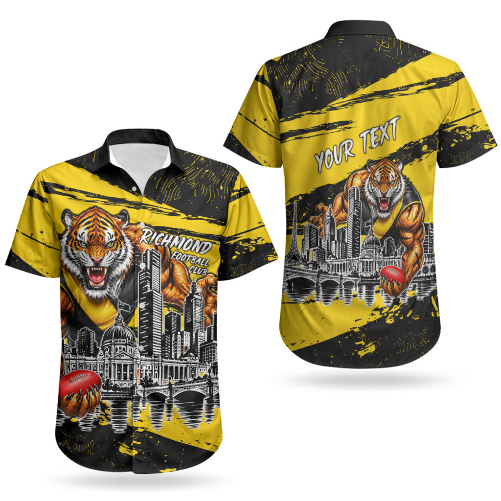 Personalised Richmond Tigers Football Couples Matching Off The Shoulder Long Sleeve Dress and Hawaiian Shirt Melbourne City Skyline Graphic Fierce Mascot Art