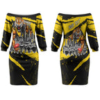 Personalised Richmond Tigers Football Couples Matching Off The Shoulder Long Sleeve Dress and Hawaiian Shirt Melbourne City Skyline Graphic Fierce Mascot Art