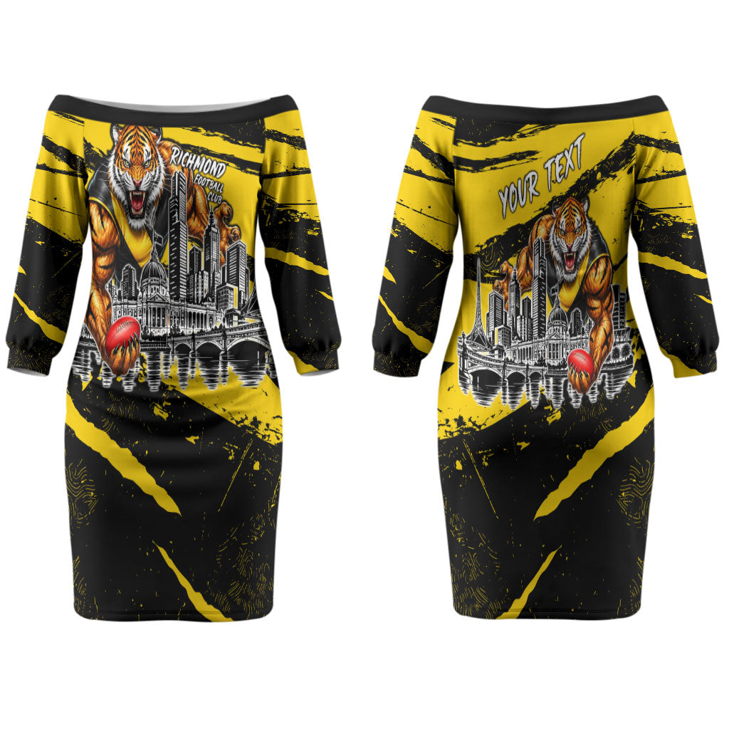Personalised Richmond Tigers Football Couples Matching Off The Shoulder Long Sleeve Dress and Hawaiian Shirt Melbourne City Skyline Graphic Fierce Mascot Art
