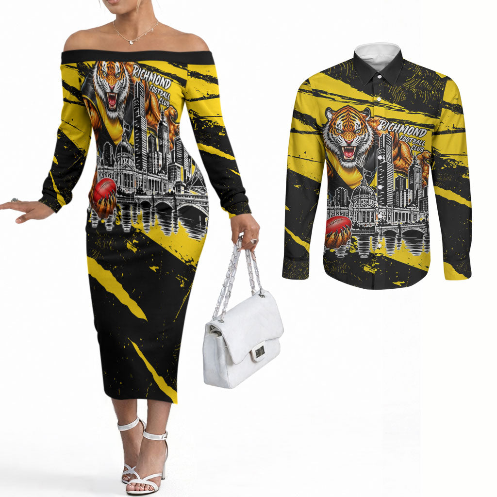 Personalised Richmond Tigers Football Couples Matching Off The Shoulder Long Sleeve Dress and Long Sleeve Button Shirt Melbourne City Skyline Graphic Fierce Mascot Art