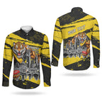 Personalised Richmond Tigers Football Couples Matching Off The Shoulder Long Sleeve Dress and Long Sleeve Button Shirt Melbourne City Skyline Graphic Fierce Mascot Art