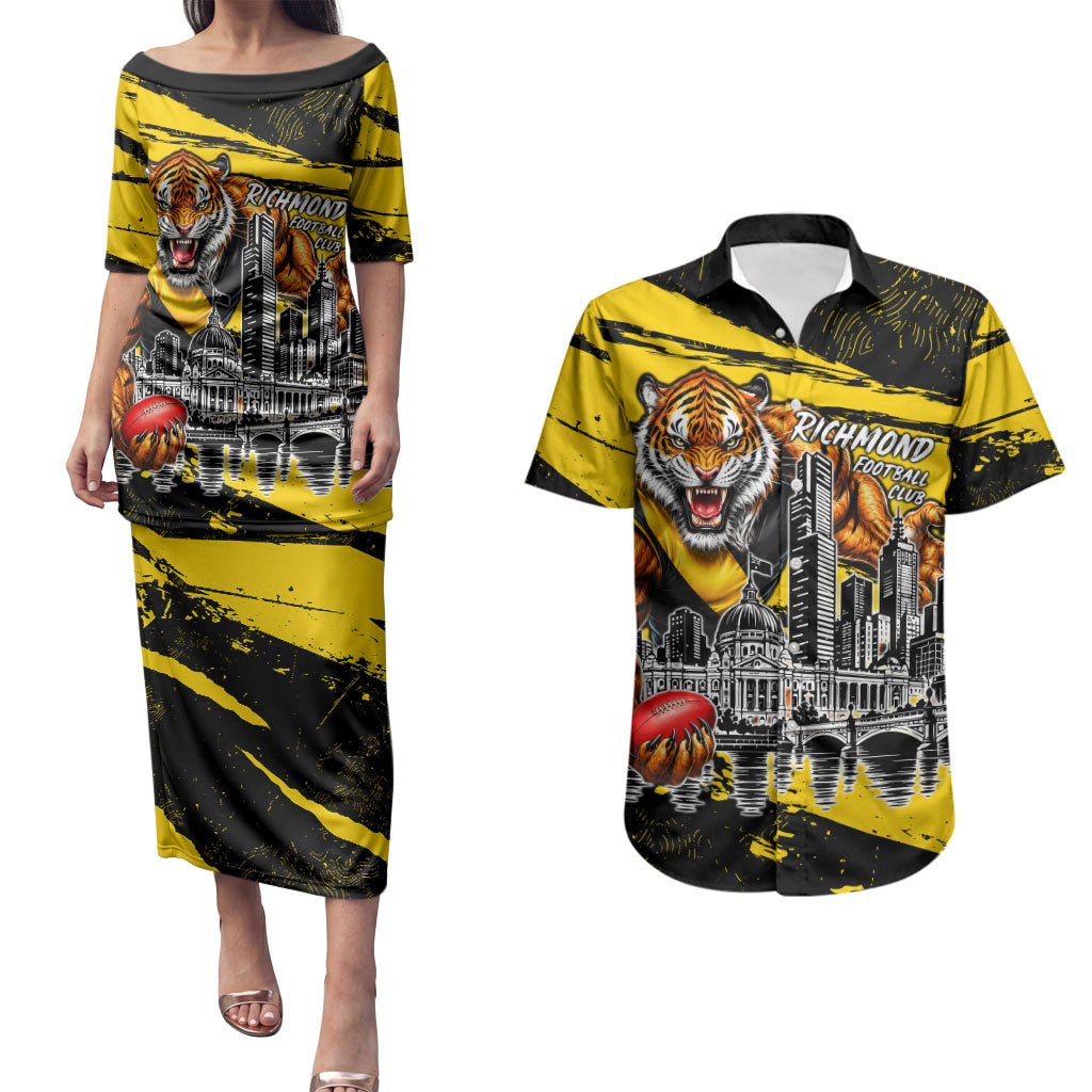 Personalised Richmond Tigers Football Couples Matching Puletasi and Hawaiian Shirt Melbourne City Skyline Graphic Fierce Mascot Art