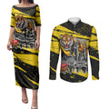 Personalised Richmond Tigers Football Couples Matching Puletasi and Long Sleeve Button Shirt Melbourne City Skyline Graphic Fierce Mascot Art