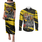 Personalised Richmond Tigers Football Couples Matching Puletasi and Long Sleeve Button Shirt Melbourne City Skyline Graphic Fierce Mascot Art