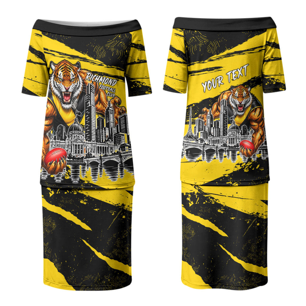 Personalised Richmond Tigers Football Couples Matching Puletasi and Long Sleeve Button Shirt Melbourne City Skyline Graphic Fierce Mascot Art