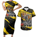 Personalised Richmond Tigers Football Couples Matching Short Sleeve Bodycon Dress and Hawaiian Shirt Melbourne City Skyline Graphic Fierce Mascot Art