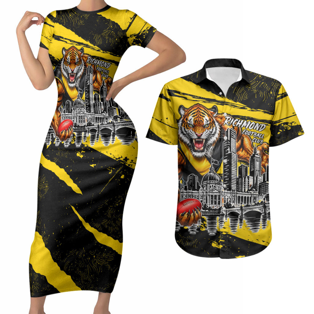 Personalised Richmond Tigers Football Couples Matching Short Sleeve Bodycon Dress and Hawaiian Shirt Melbourne City Skyline Graphic Fierce Mascot Art